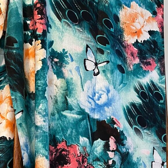 Peacock, Butterflies, and Flower Scarf 26” x 70” - Picture 3 of 6